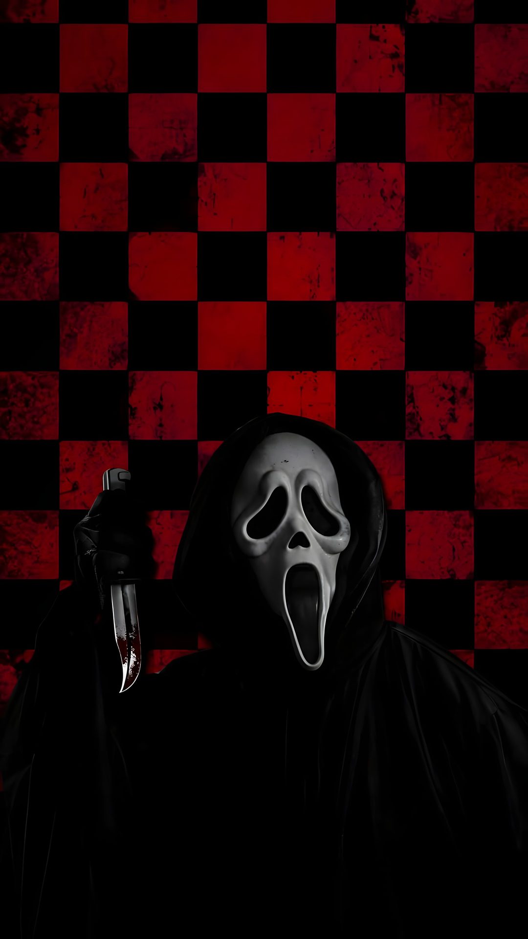 a person wearing a mask and holding a bottle in front of a checkered wall Halloween Scream black