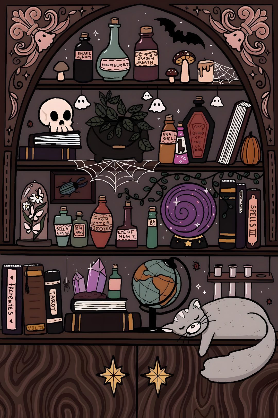 a book shelf filled with lots of books and various items on top of each other Halloween Bookshelf dark slate gray
