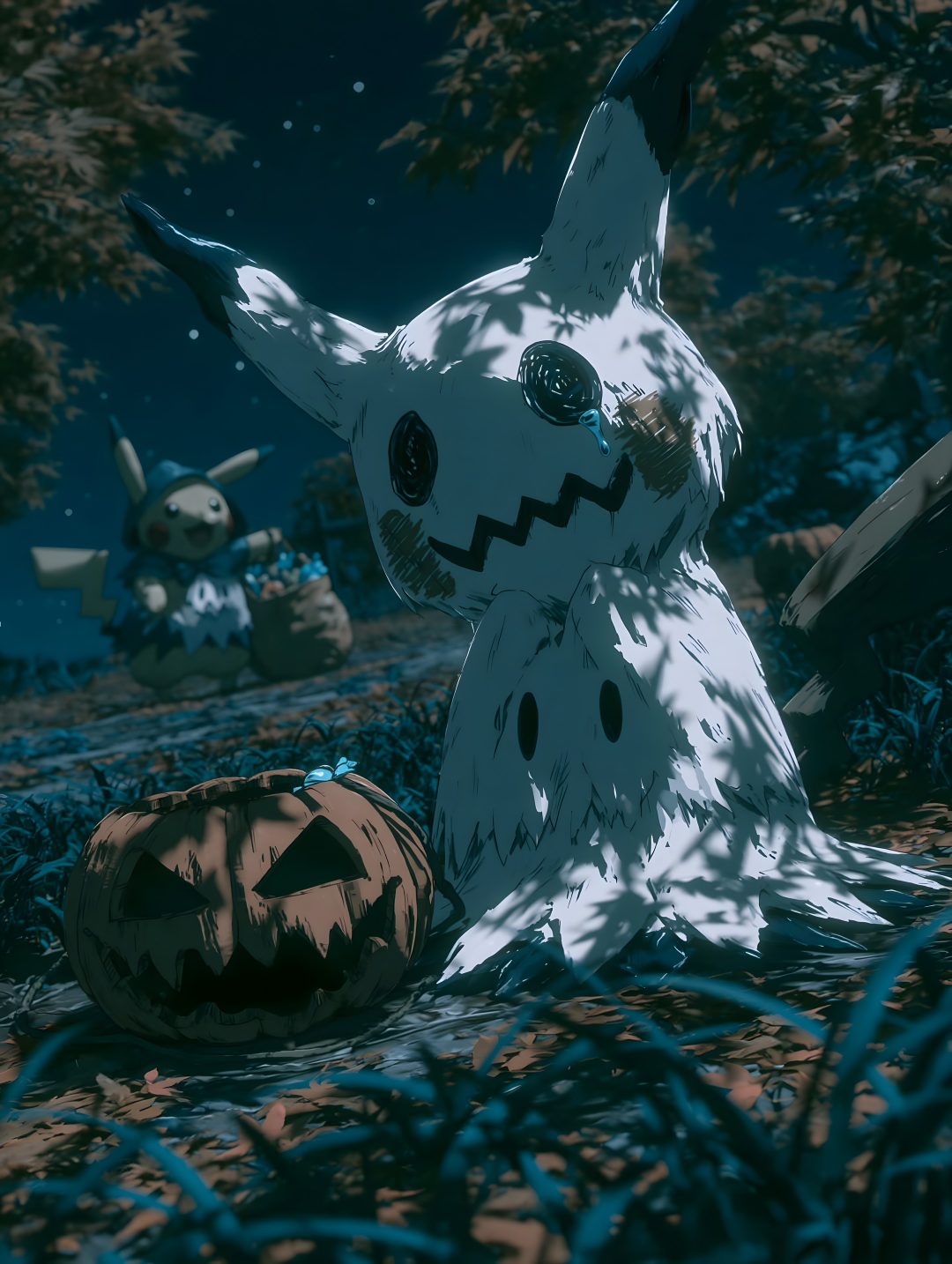 a cartoon character sitting next to a pumpkin Ghost Pokemon Halloween dark slate gray