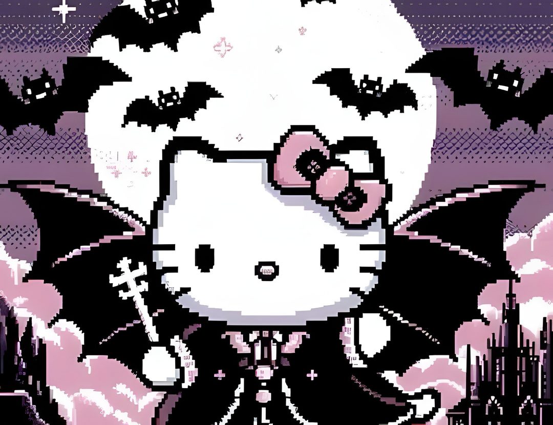 an image of hello kitty with bats in the sky Hello Kitty Y2k Halloween gray
