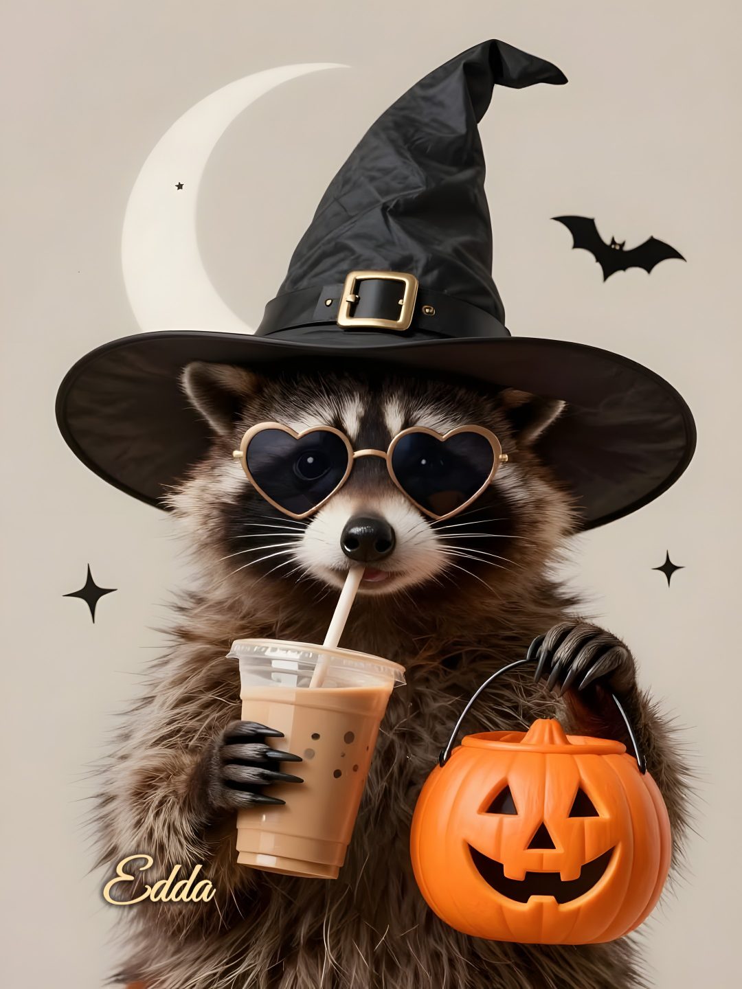 a raccoon dressed up as a witch with a drink in its mouth and holding a pumpkin Halloween Raccoon Racoon, Halloween, tan