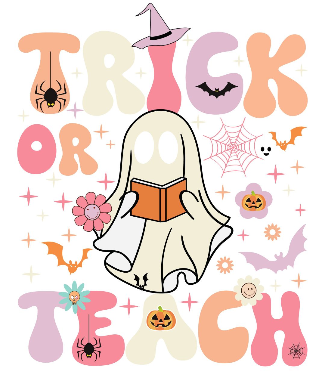 an image of a trick or treat poster with ghost and pumpkins on the background Halloween Teacher white