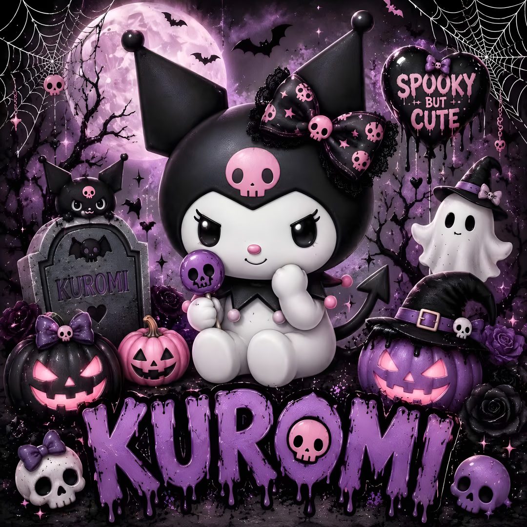 an image of a cartoon character surrounded by halloween decorations and pumpkins with the words kuromi on it Halloween Purple Halloween Cute Kuromi dark slate gray