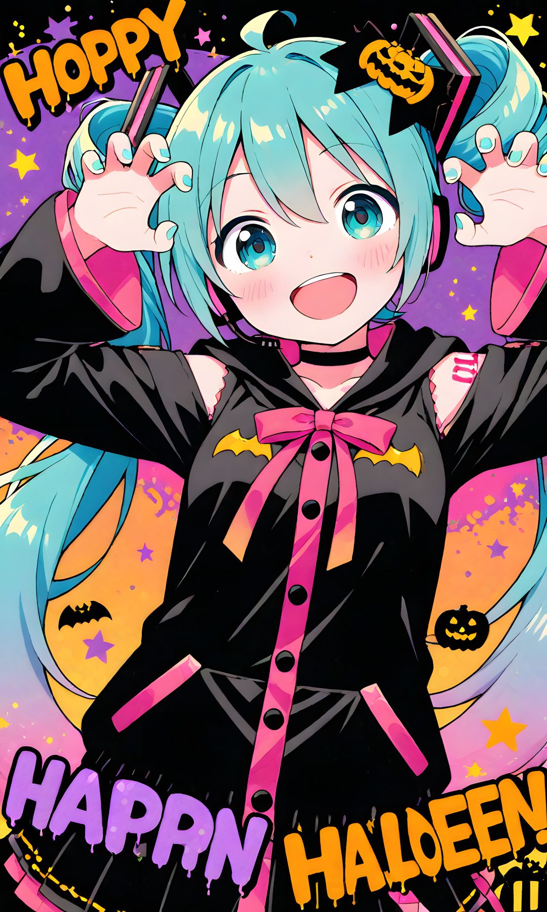 an anime character with blue hair holding her hands up in the air and wearing headphones Halloween Miku Hatsune Miku, Anime Drawings, Halloween, Drawings, dim gray
