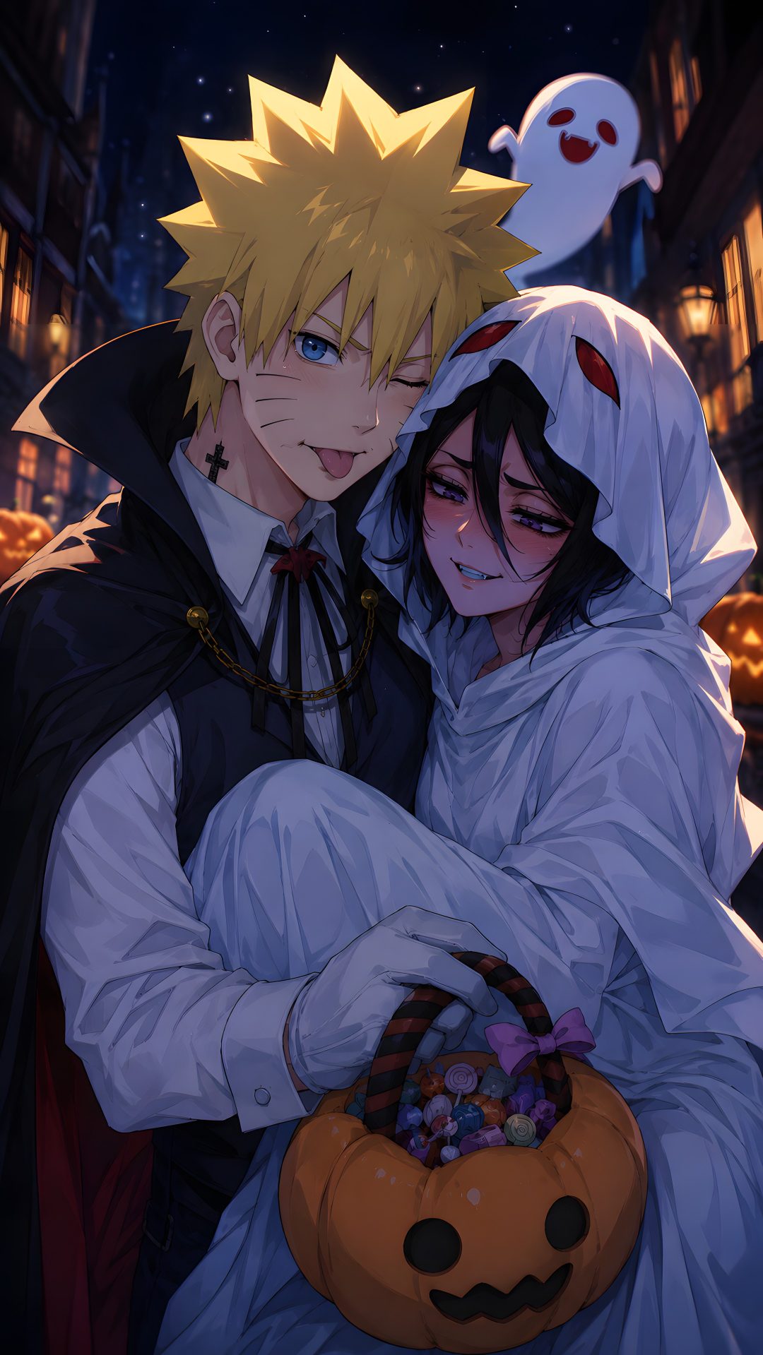 two anime characters hugging each other in front of a halloween pumpkin basket with jack - o'- lantern on it Naruto Halloween dark slate gray