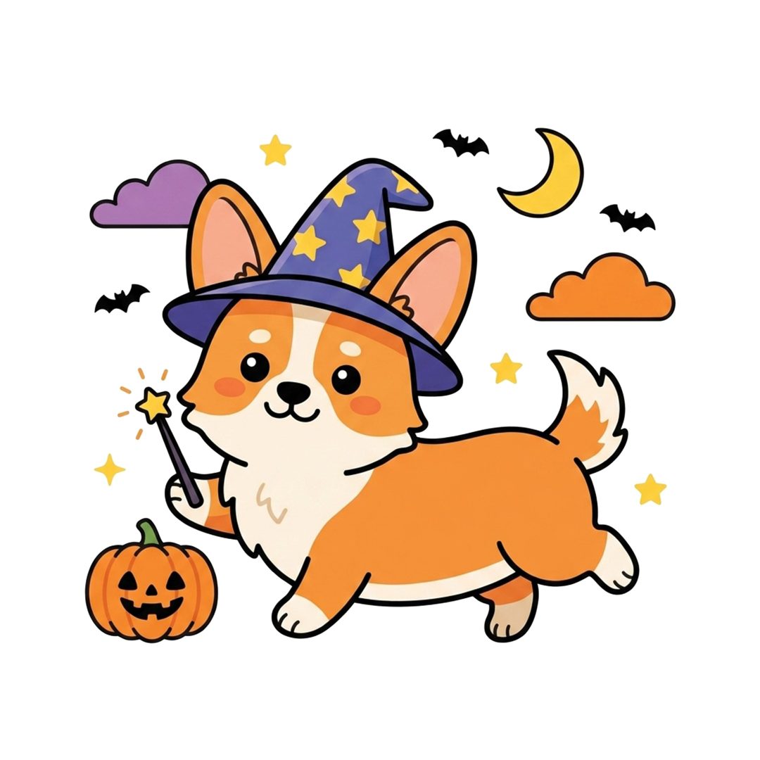 a corgi dog wearing a witches hat and holding a wand in it's mouth Corgi Halloween white