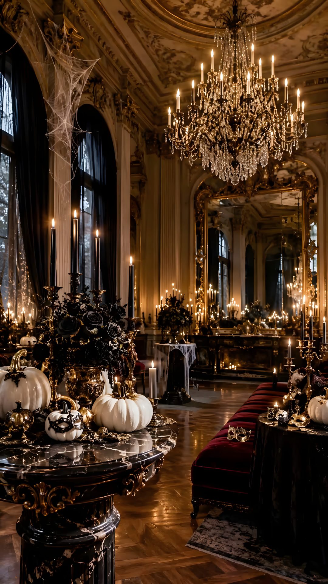 a fancy dining room with chandeliers and pumpkins Halloween Chandelier maroon