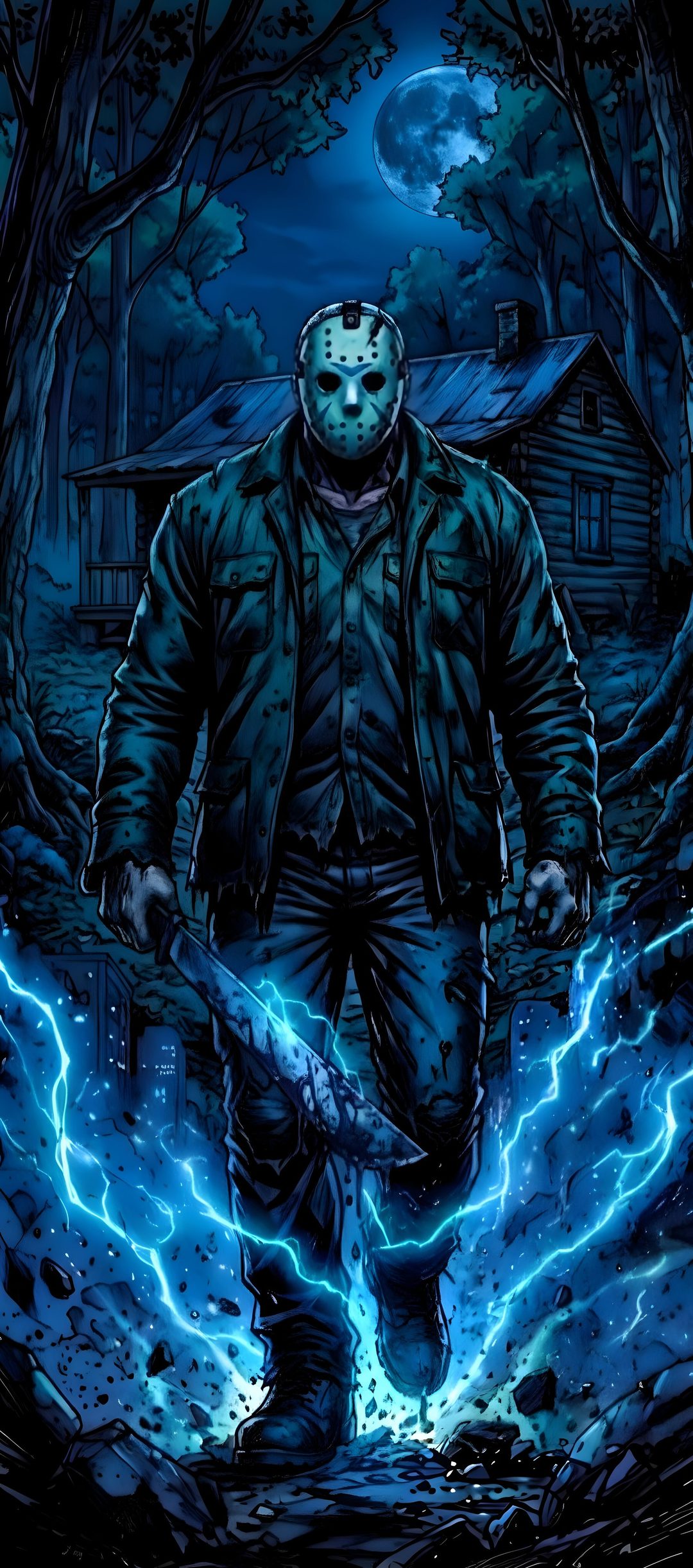a drawing of a person standing in front of a tree with lightning coming out of it Jason Halloween Jason Voorhees, Phone, midnight blue