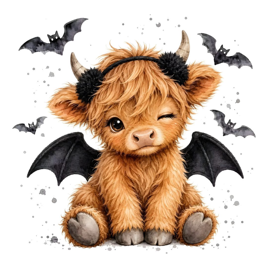 a cute little brown cow with horns and bats on it's head sitting in front of a white background Cute Halloween Highland Cow white