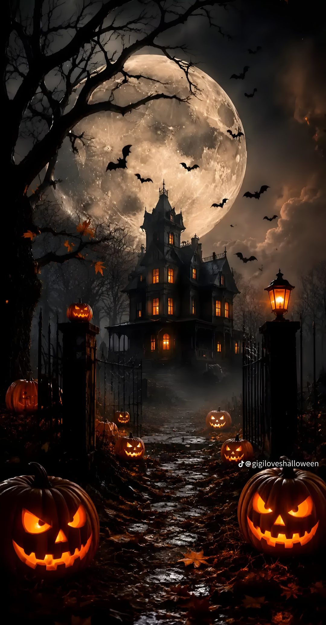 halloween scene with pumpkins in front of a creepy house and full moon behind it Halloween Screensavers Iphone black