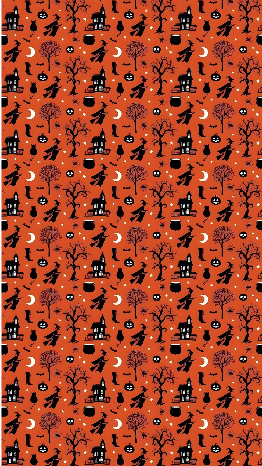 an orange and black pattern with trees, houses, and moon in the sky on it Halloween Fair Isle chocolate