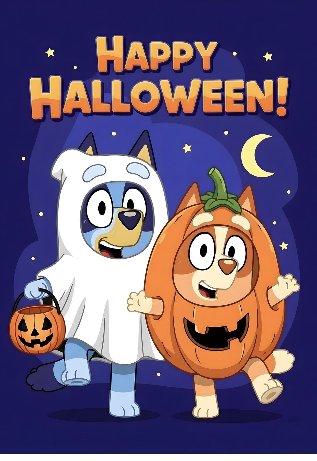 two cartoon cats are standing next to each other in front of a halloween card with the words happy halloween on it Bluey And Bingo Halloween dark slate gray