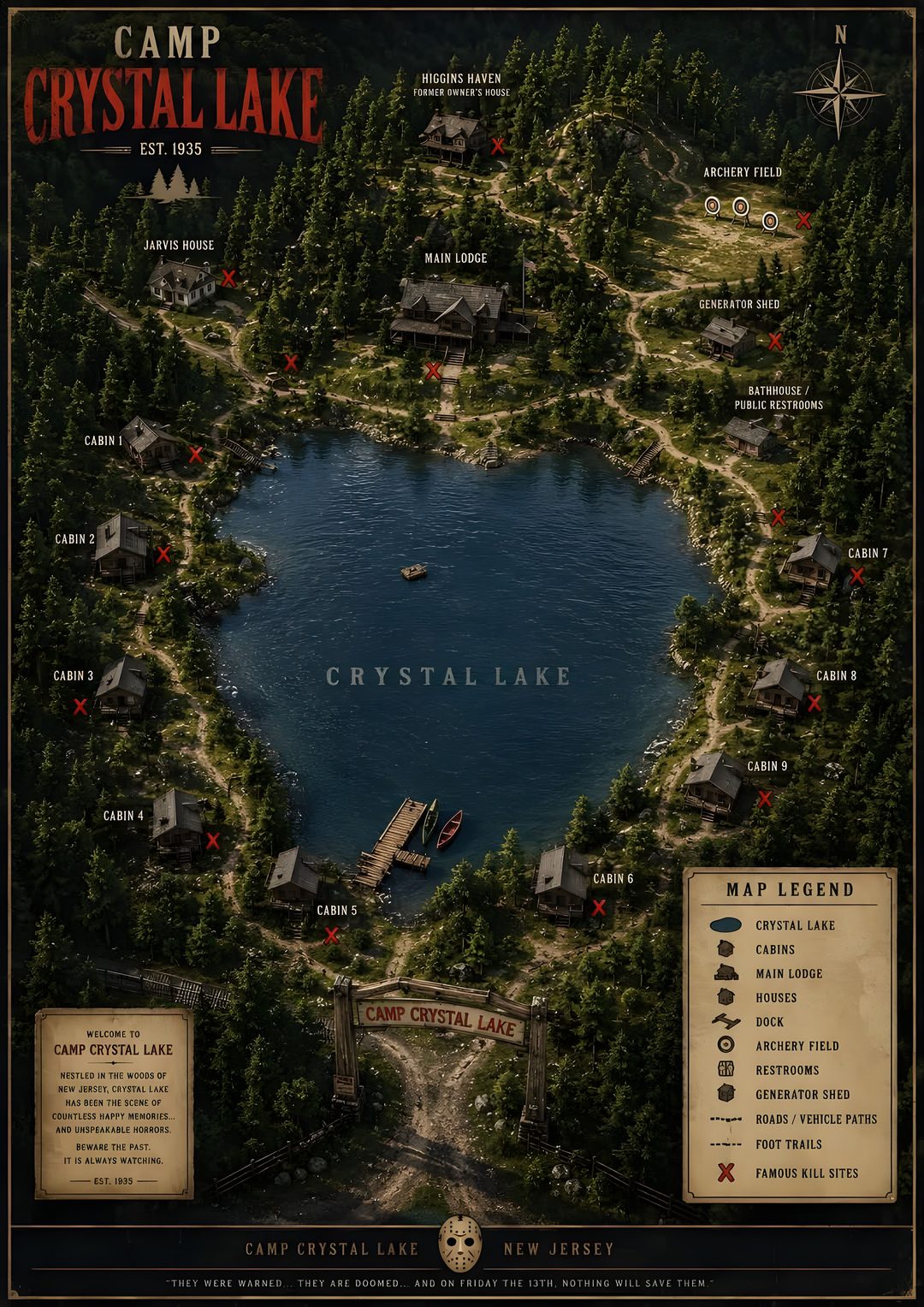 the map for crystal lake, which is located on top of a hill in the middle of Camp Crystal Lake Halloween Lake Map, Crystal Lake, Camping, Map, Crystals, black