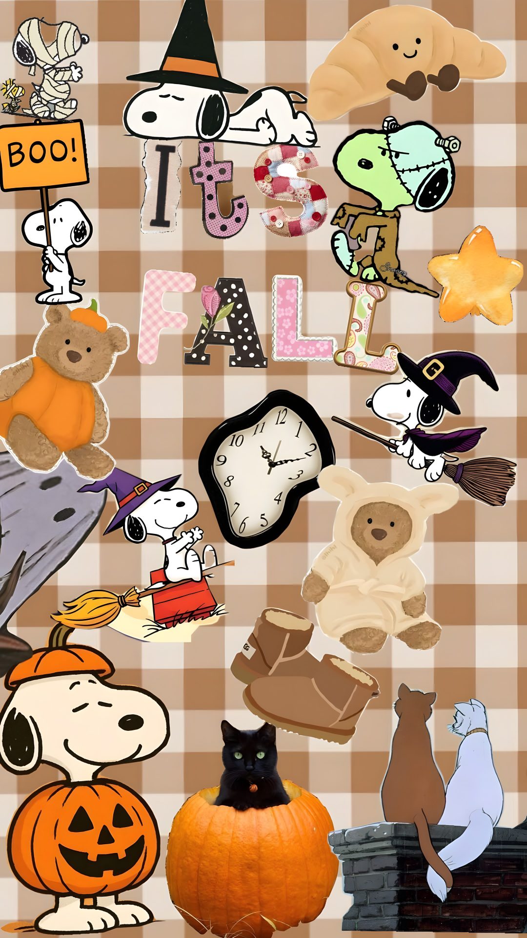 a group of cartoon characters on a checkered table cloth with pumpkins and other halloween items Cute Cute Snoopy Halloween tan