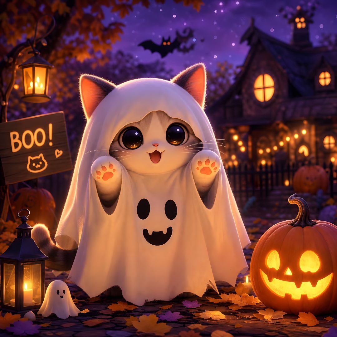 a cat dressed up as a ghost in front of a house with pumpkins and lanterns Kawaii Cute Halloween Cat saddle brown