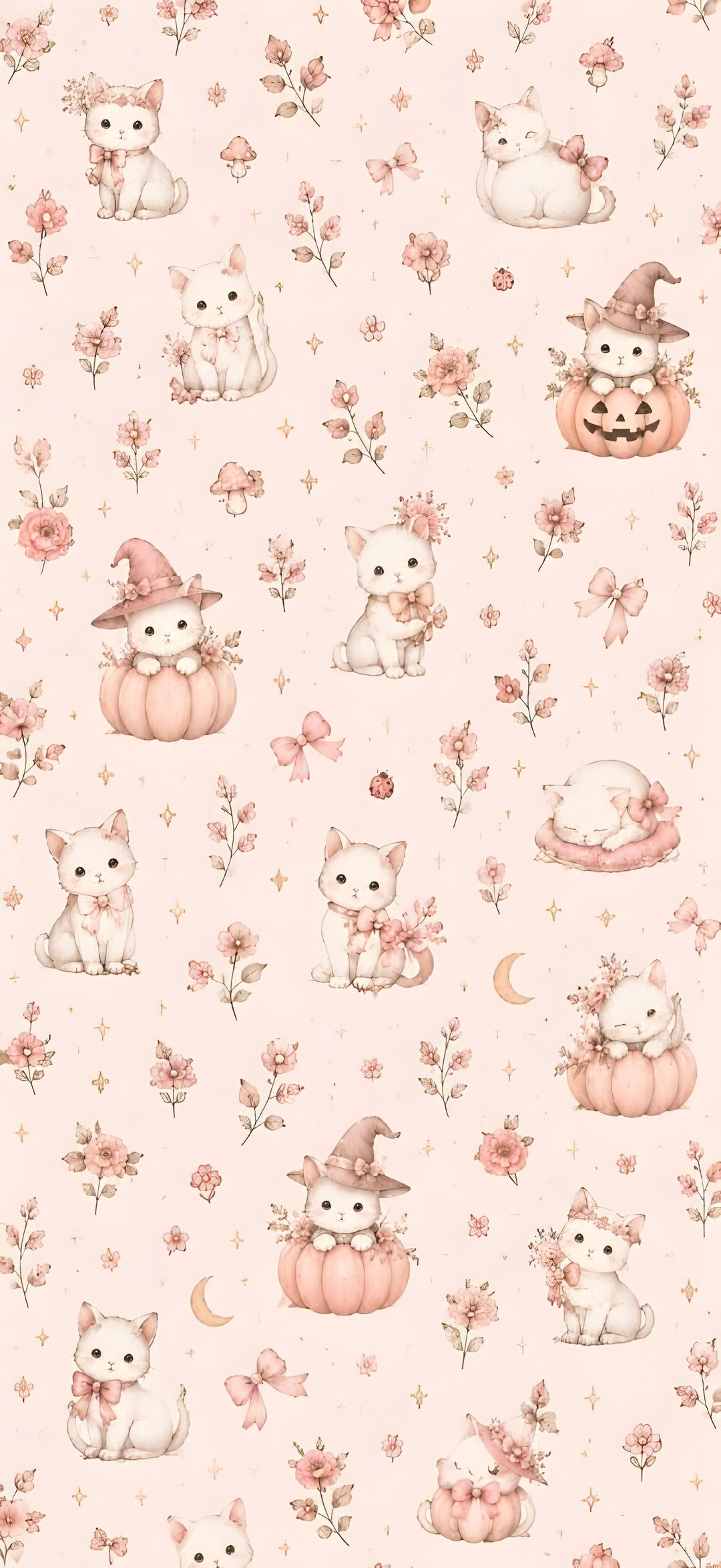 a pink wallpaper with cats and flowers on it Halloween Pastel Cat linen