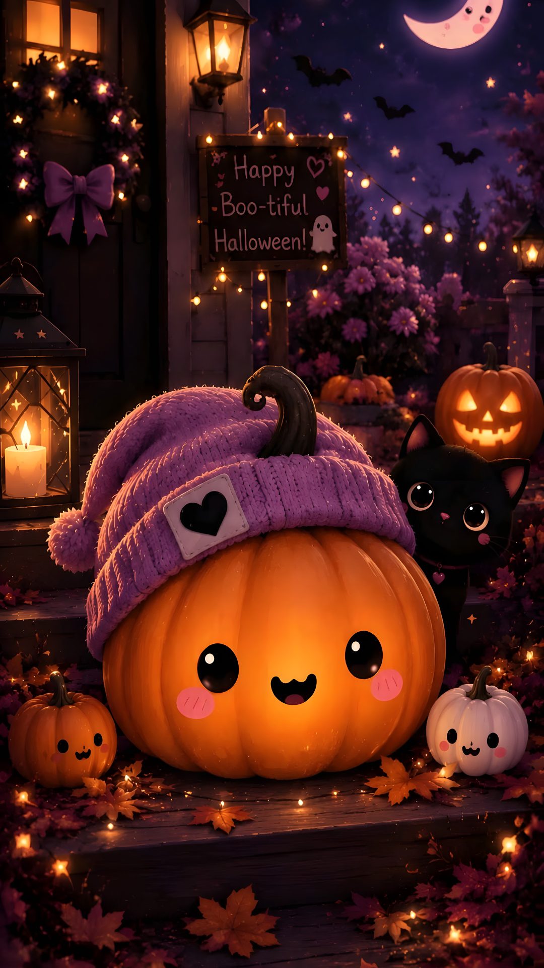 halloween pumpkins with faces on them sitting in front of a house and some lights Kawaii Halloween black