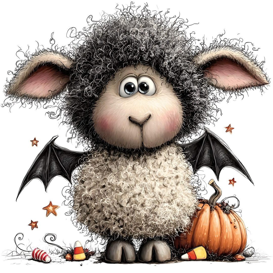 a drawing of a sheep with a bat on it's head sitting next to a pumpkin Halloween Sheep light gray