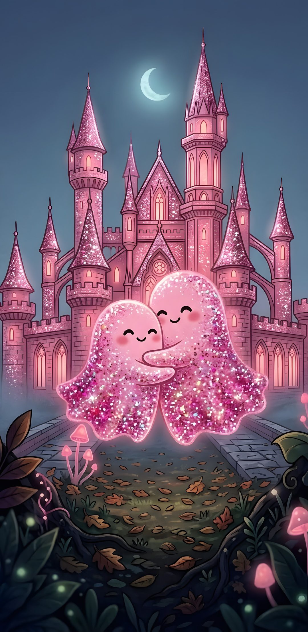 two pink hearts are hugging in front of a castle Halloween Love dim gray