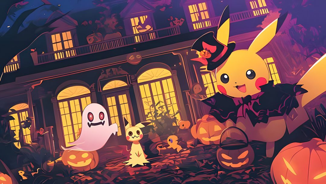 an animated halloween scene with pikachu and other characters Pokemon Halloween Desktop Desktop, Pokemon, Pokémon, dark slate gray