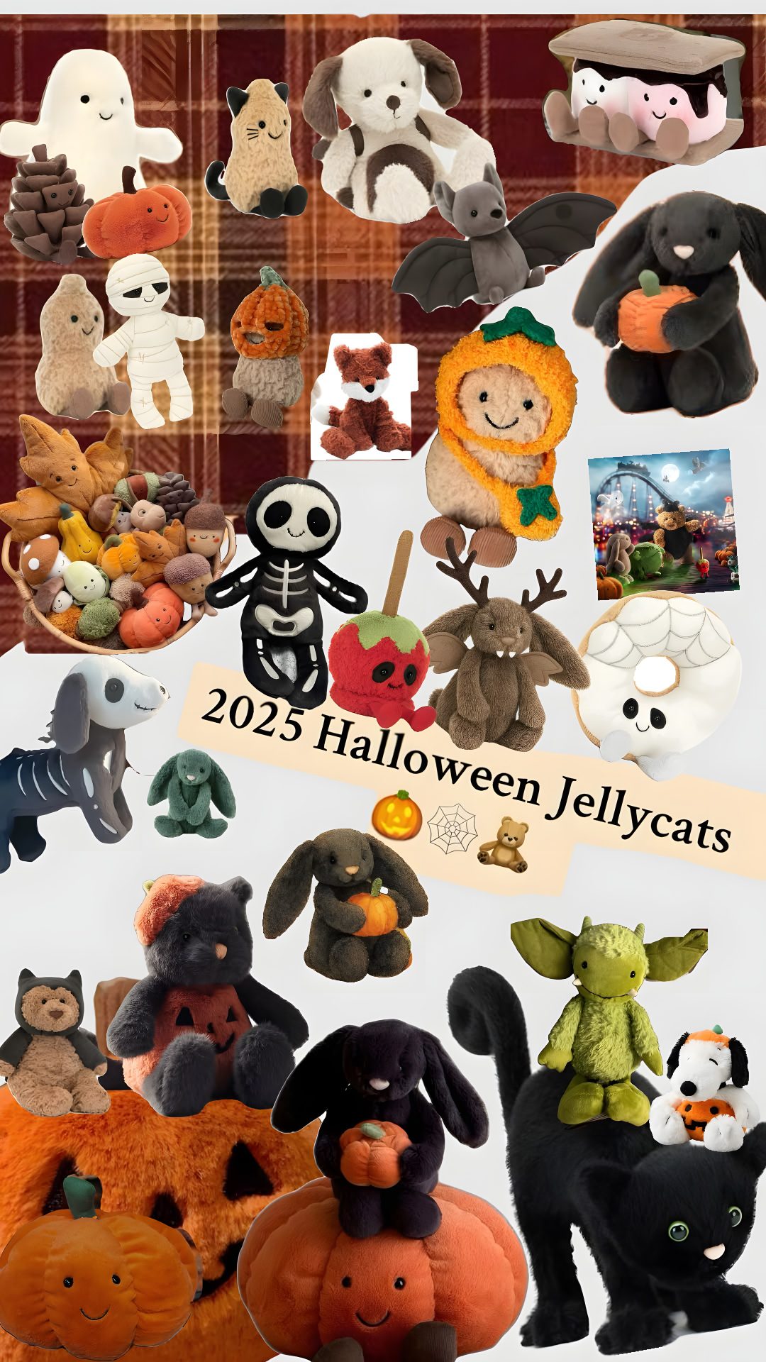 a collage of stuffed animals and pumpkins with the words halloween jelly cats on them Jellycat Halloween sienna