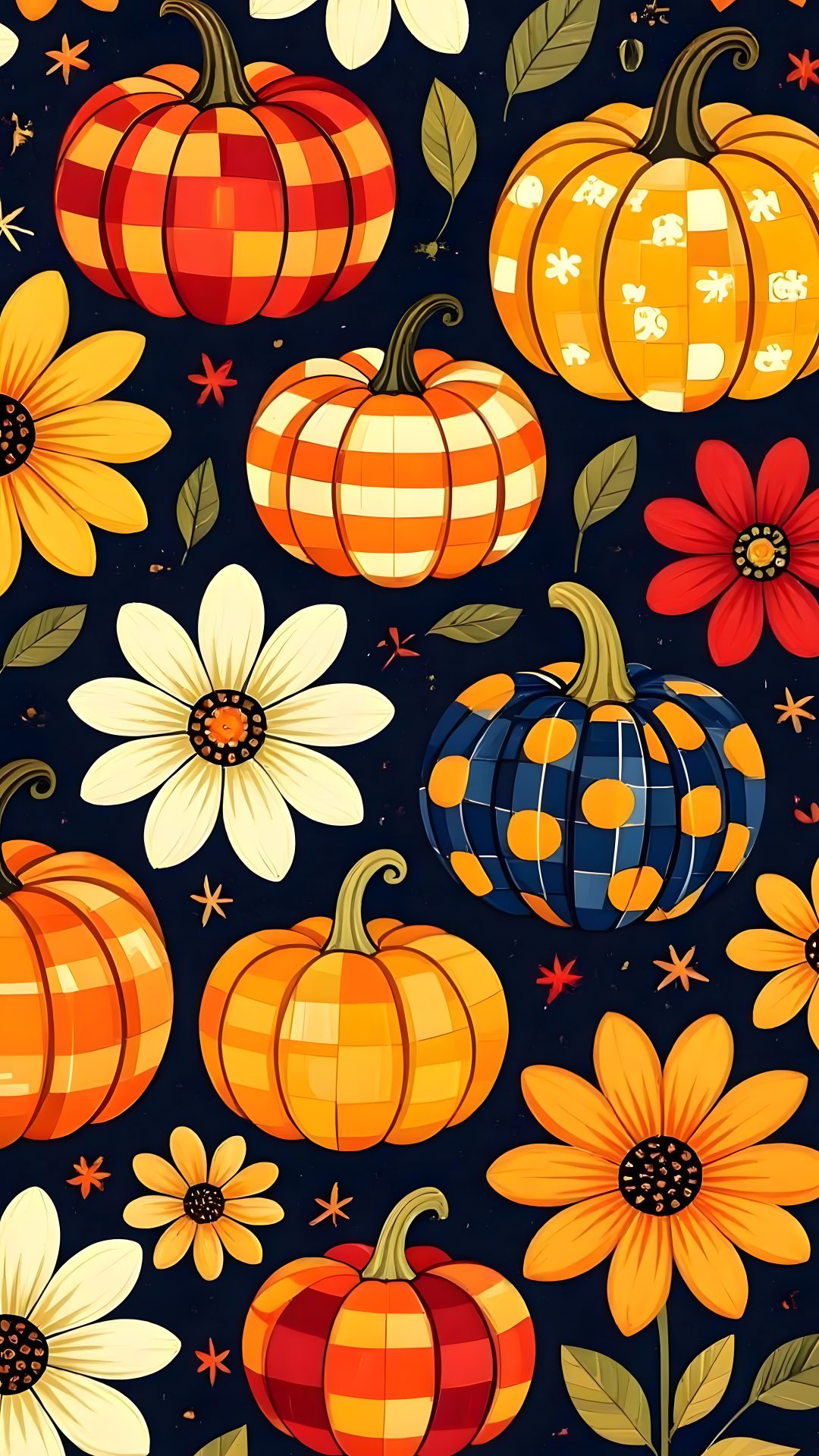 an image of pumpkins and daisies on a black background with orange, yellow, and white flowers Halloween Thanksgiving sienna