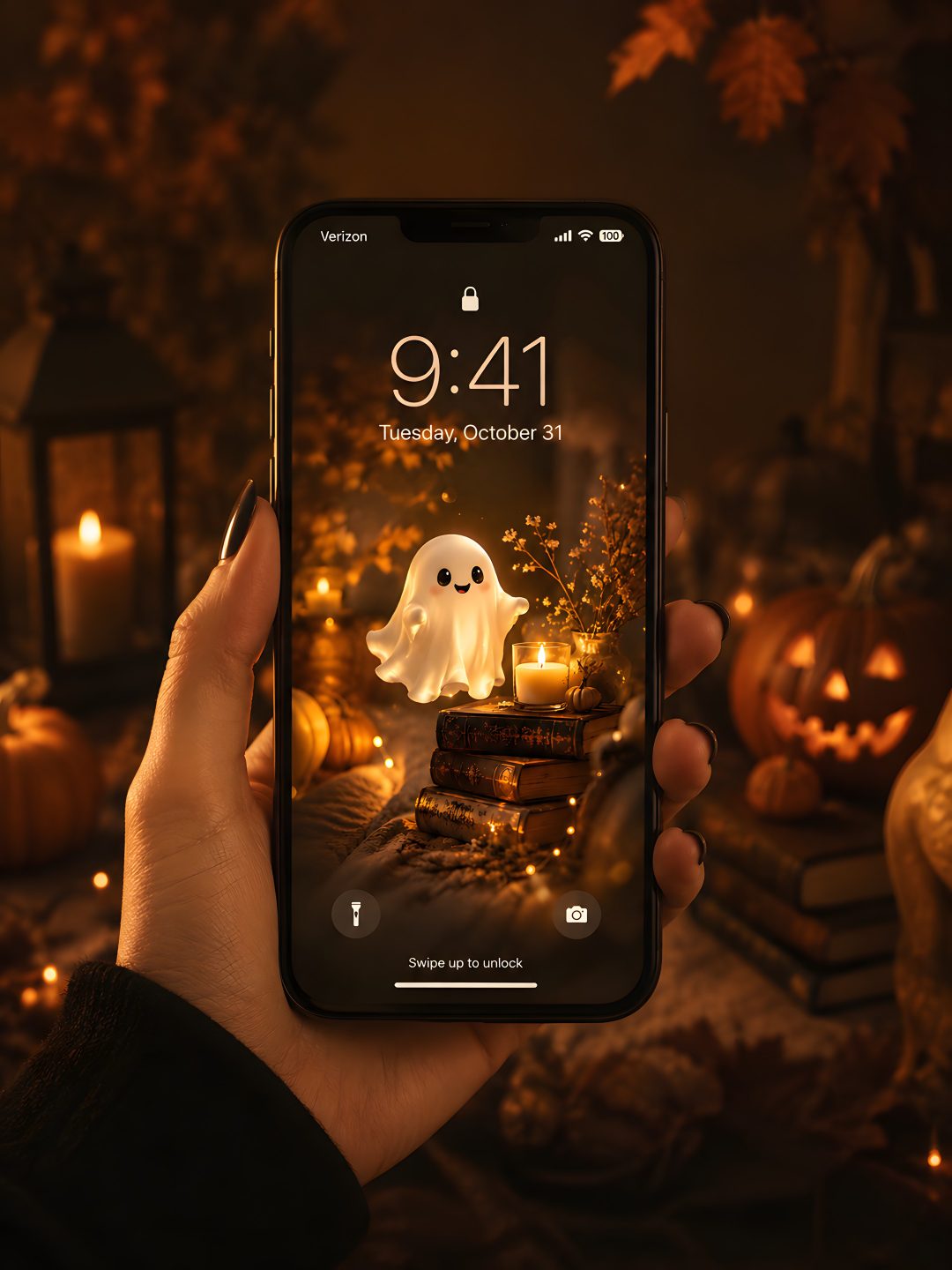 someone holding up an iphone with a ghost on the screen and pumpkins in the background Modern Smartphone With Halloween Phone Lockscreen, Warm Honey, Smartphone, Autumn Aesthetic, Cute Ghost, black
