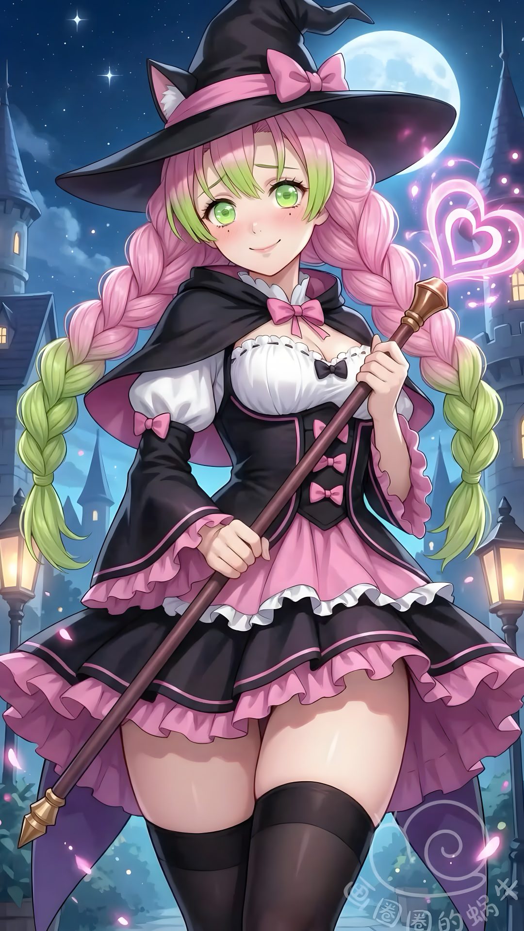 a girl in a witch costume holding a broom and wearing a hat with pink hair Mitsuri Halloween Anime Hair, Demon Slayer, dim gray