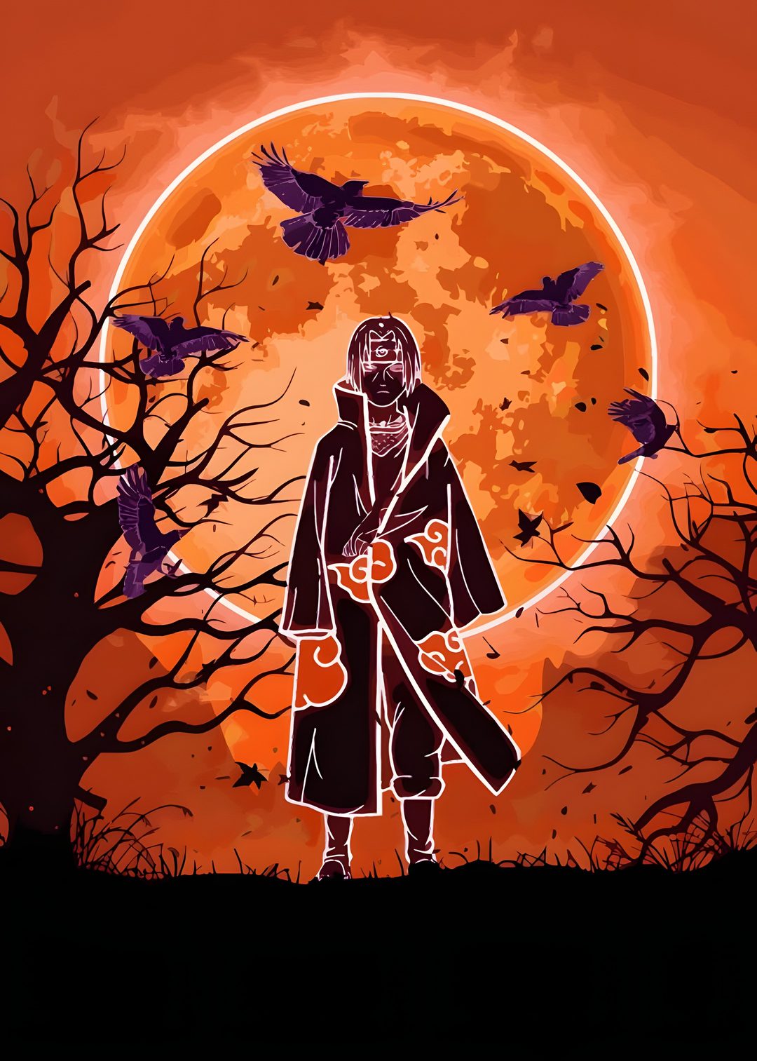a painting of a person standing in front of a full moon with birds flying around Itachi Uchiha Halloween firebrick