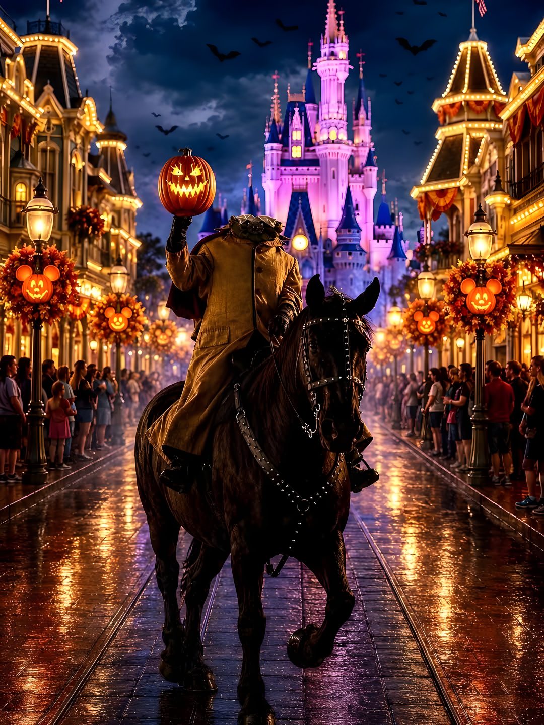 a man riding on the back of a horse in front of a castle at night Magic Kingdom Halloween dark slate gray