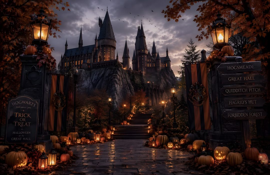 the wizard's castle is lit up at night with pumpkins on the ground Harry Potter Halloween black