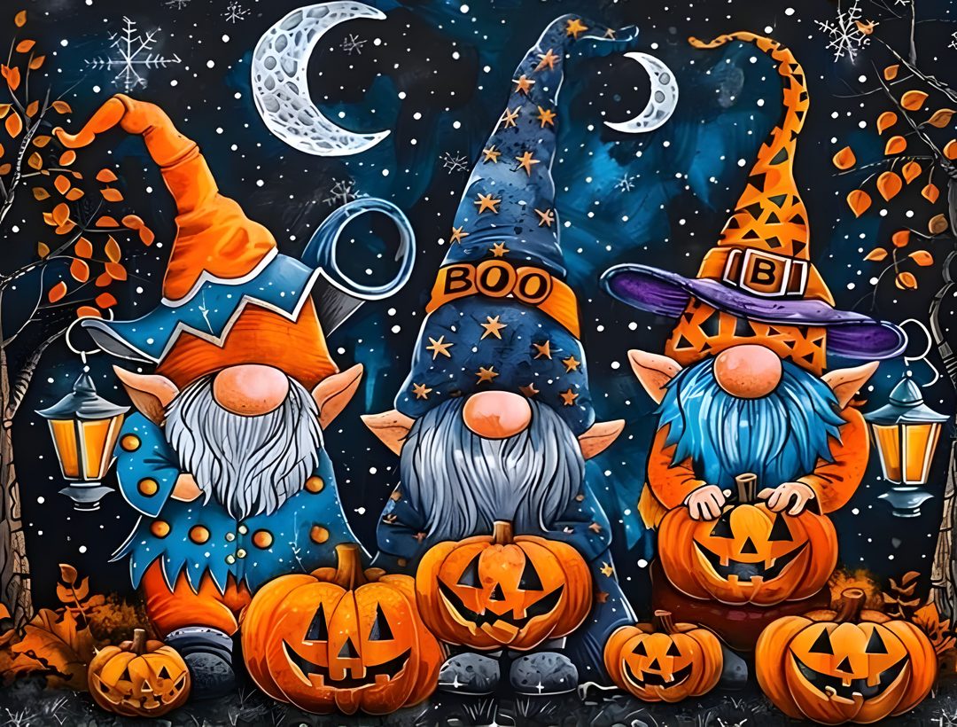 three halloween gnomes with pumpkins in front of a full moon and stars sky Halloween Gnome Desktop Halloween, Images Of Halloween Gnomes, dark slate gray