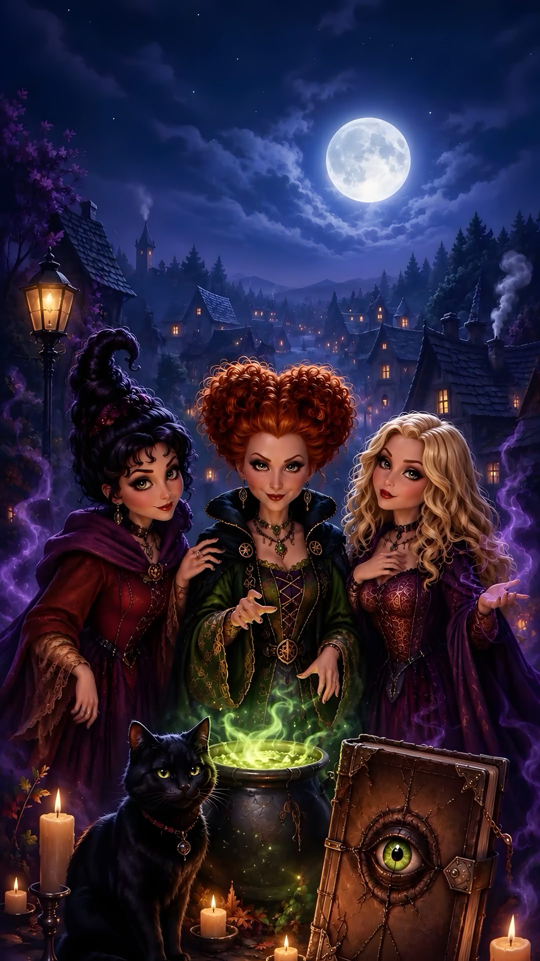 three witches standing next to each other in front of a full moon and some candles Halloween Witches dark slate gray