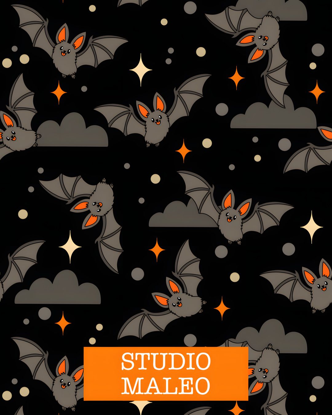 a bat pattern with stars and clouds in the background, on a black background that says studio maleo Halloween Bat Pattern black