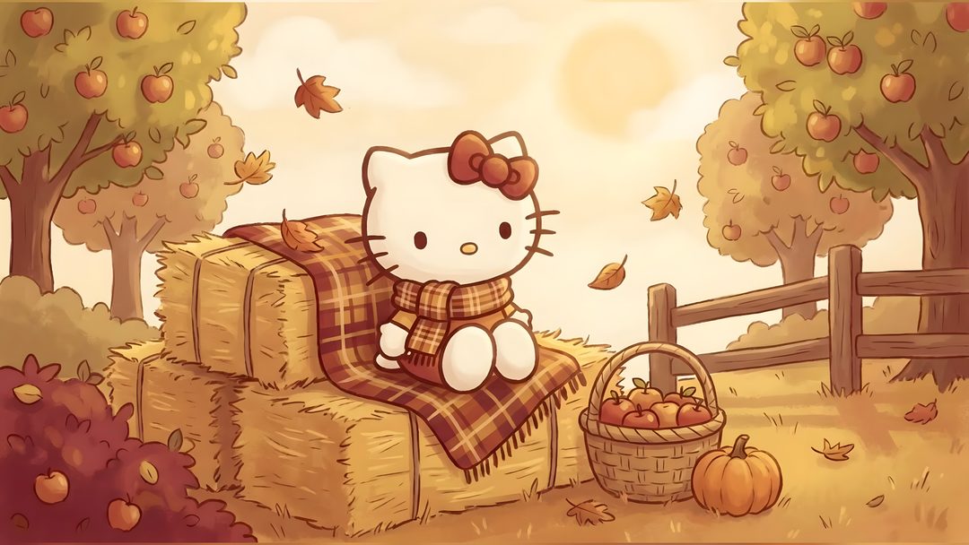 hello kitty sitting on hay bales with pumpkins and an apple tree in the background Hello Kitty Halloween Ipad peru