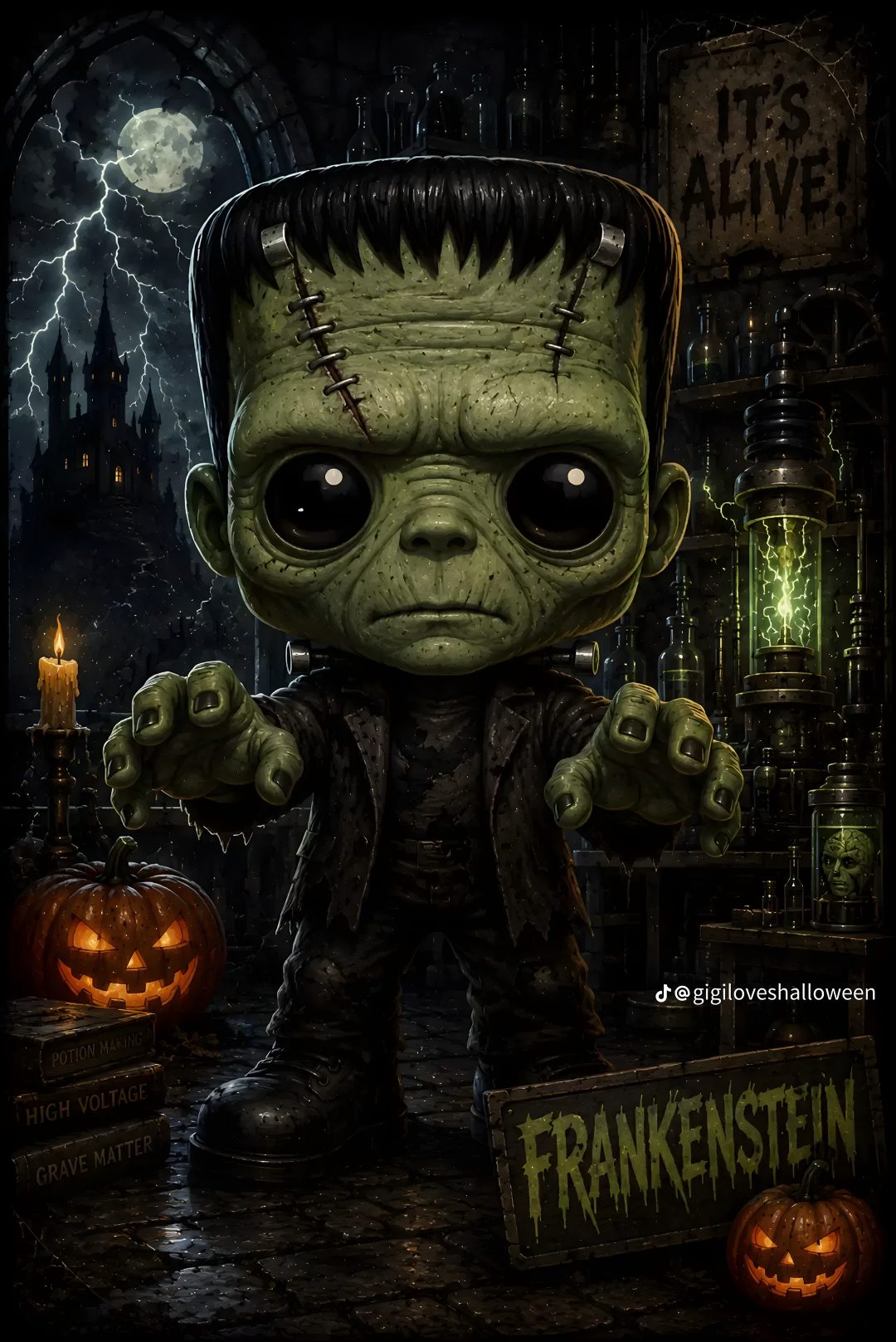 an image of a cartoon character holding a sign Frankenstein Halloween black