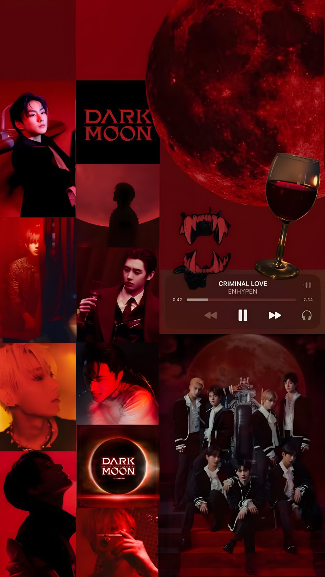 the collage shows various images of people in front of a full moon and red background Enhypen Halloween black