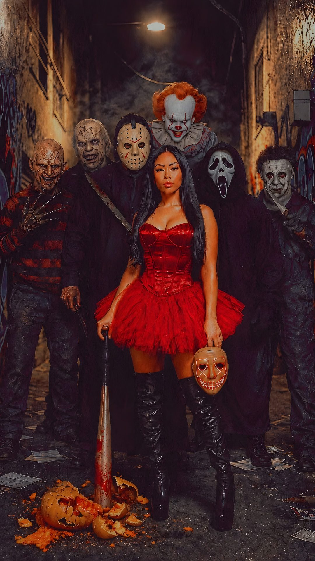 a woman in a red dress holding a pumpkin Halloween Baddie black