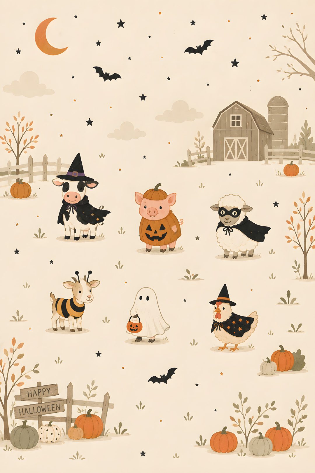 a halloween scene with animals and pumpkins Halloween Farm antique white