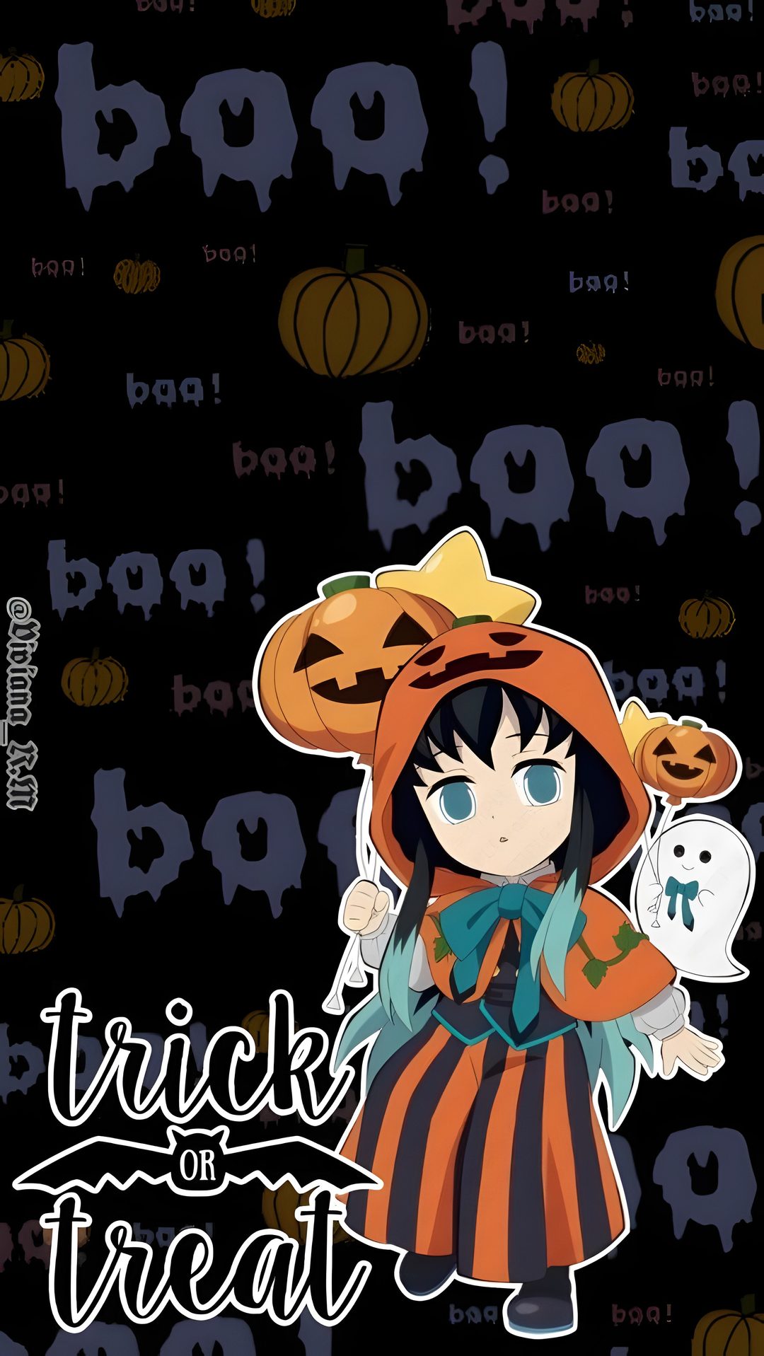 an anime character with a pumpkin on her head and the words trick or treat written below Halloween Muichiro Halloween, Trick Or Treat, Movie Posters, Film Posters, black