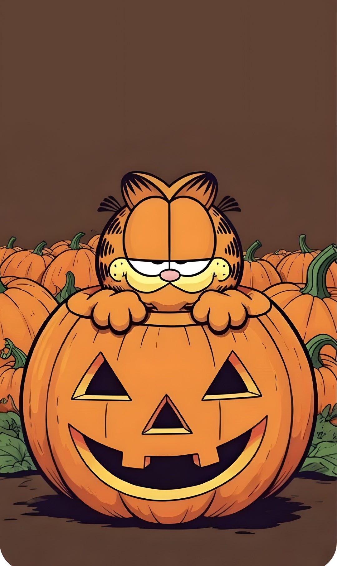 a cat sitting on top of a pumpkin in the middle of a pile of pumpkins Halloween Garfield Halloween, dark olive green