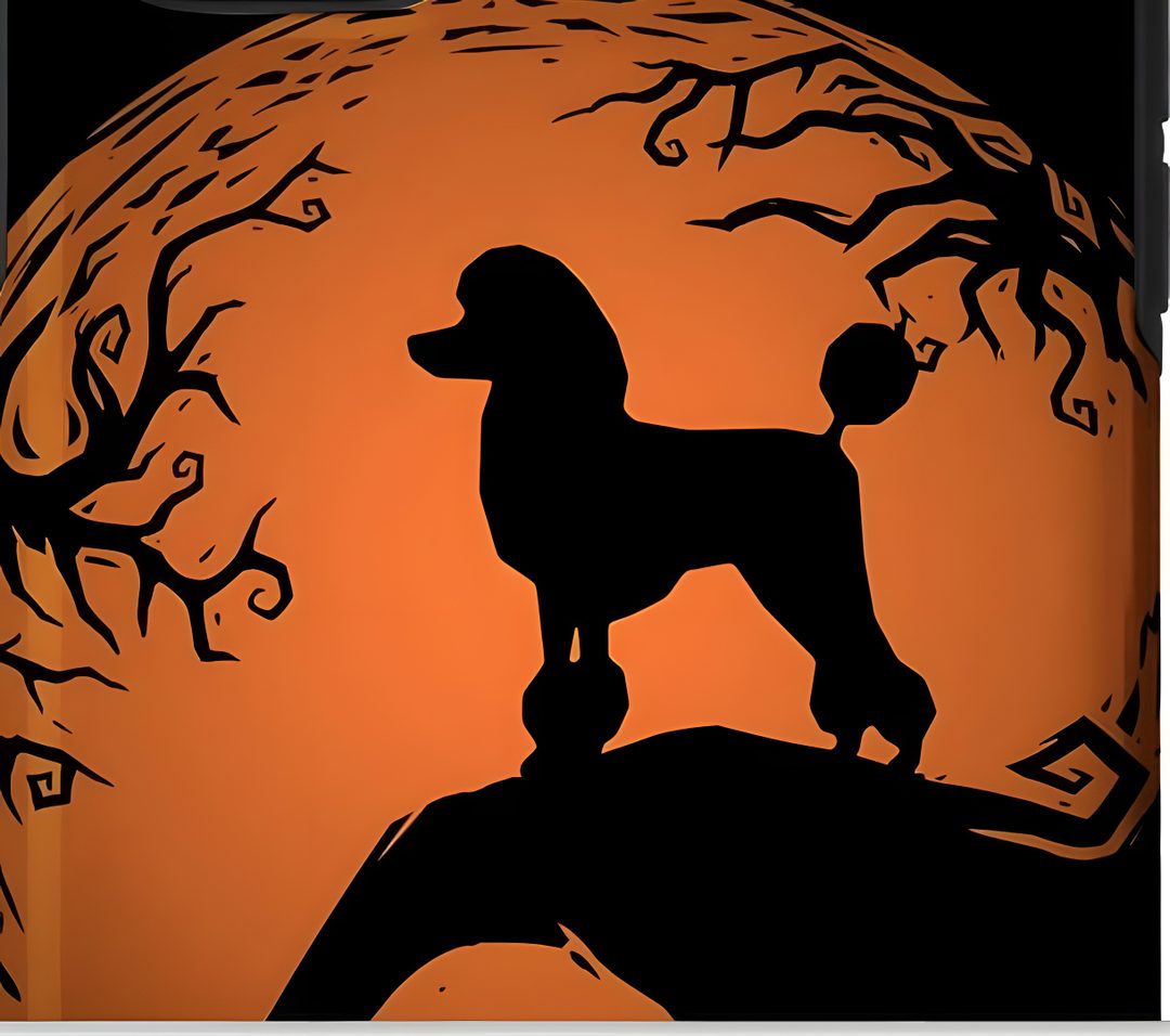 the silhouette of a poodle dog is shown in front of an orange full moon Halloween Poodle Poodle Silhouette Illustrations, Poodle Pumpkin, sienna