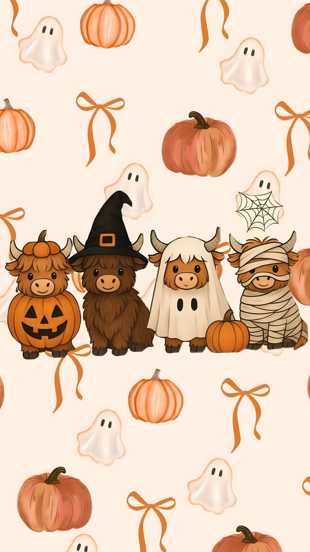 a group of animals sitting next to each other in front of pumpkins and ghost Aesthetic Cute Western Halloween linen