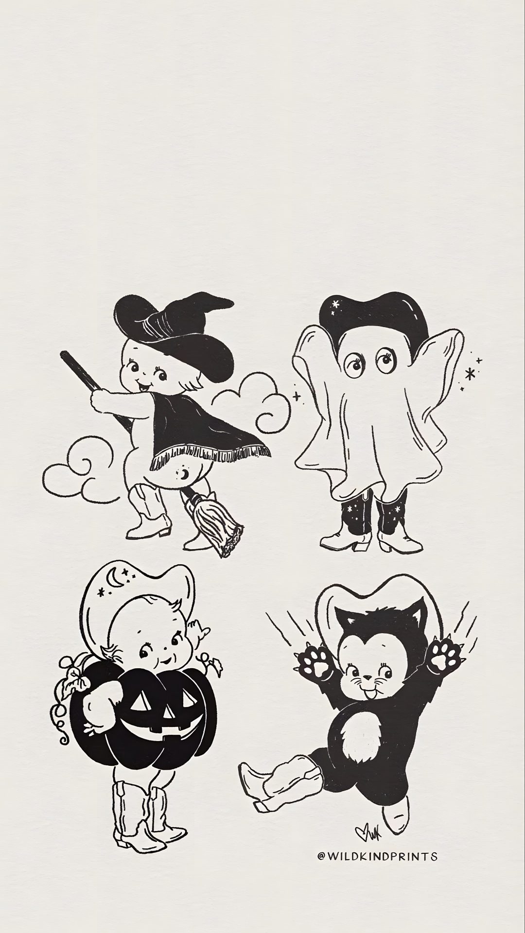 an image of halloween characters in black and white Kewpie Halloween Screen, gainsboro