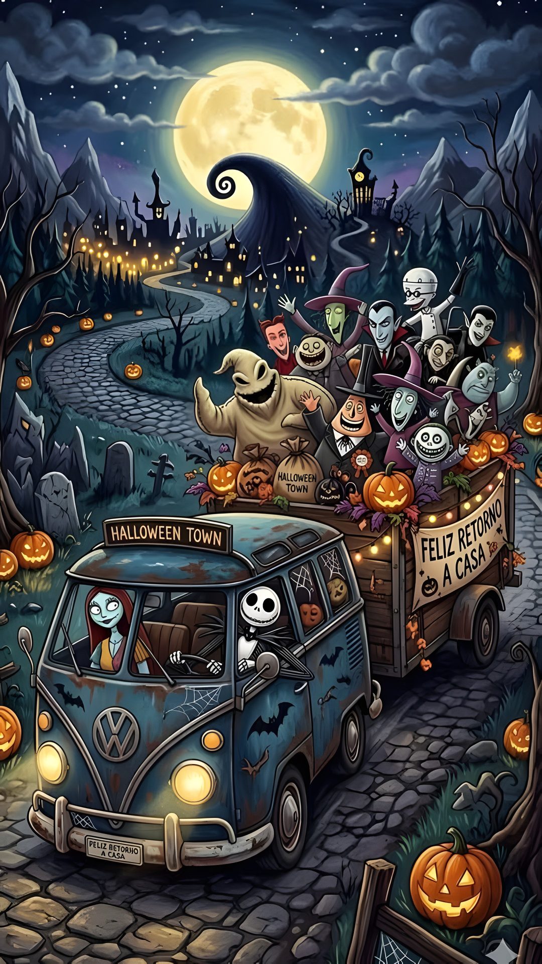 a van with halloween characters driving down the road in front of pumpkins and jack - o'- lanterns Nightmare Before Christmas Halloween Town dark slate gray