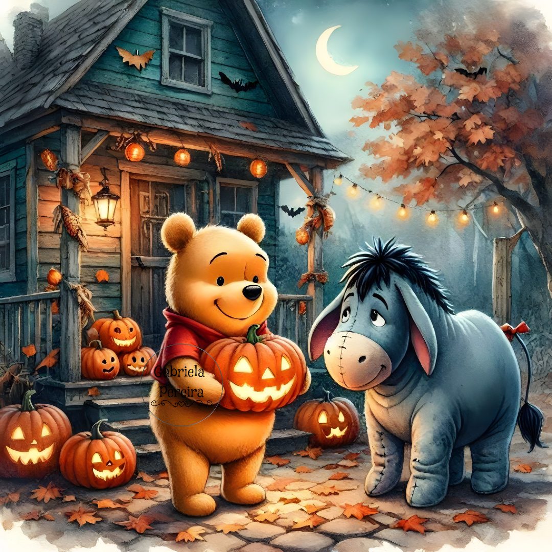 winnie the pooh and tigger pumpkins in front of a house with lights Eeyore Halloween dim gray