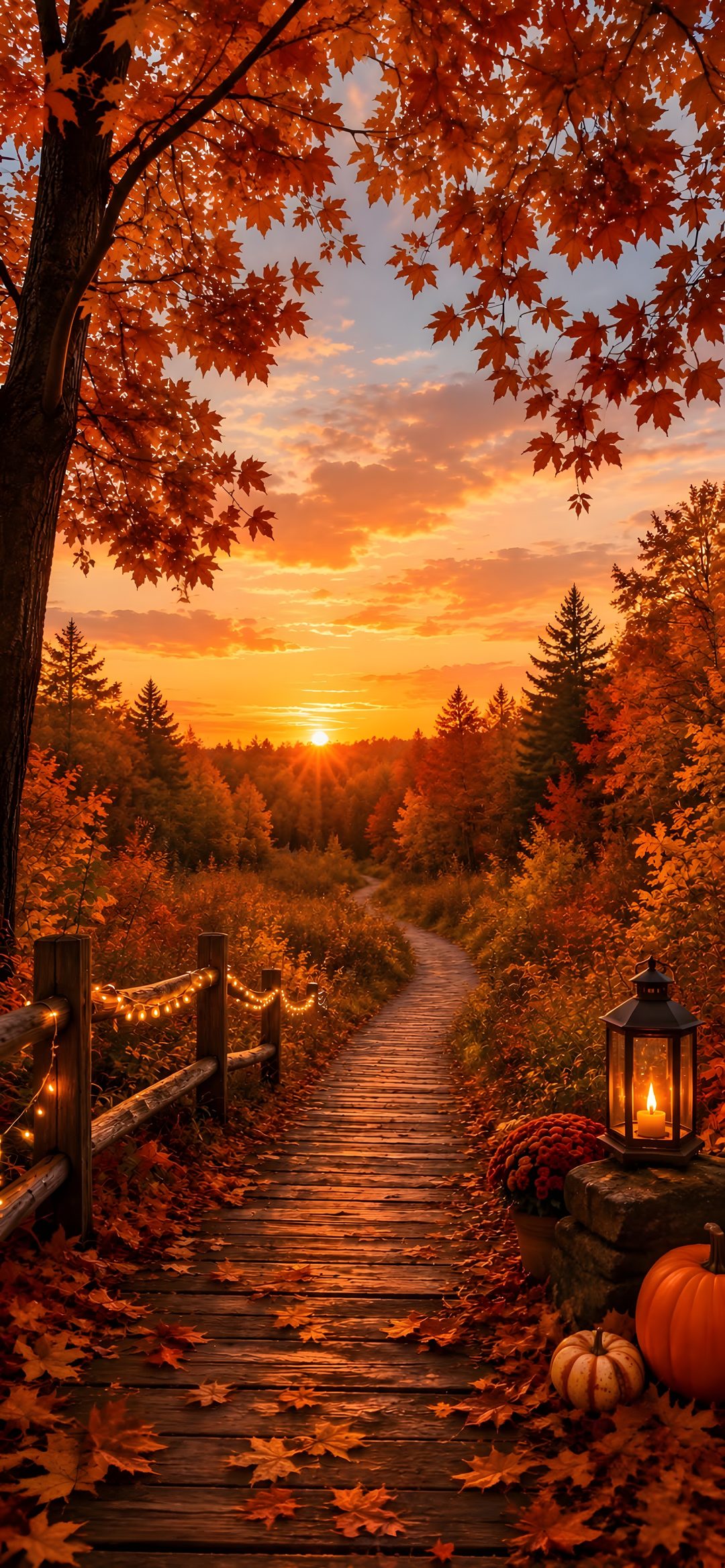 an autumn scene with a path leading to a lantern and pumpkins Halloween Sunrise saddle brown