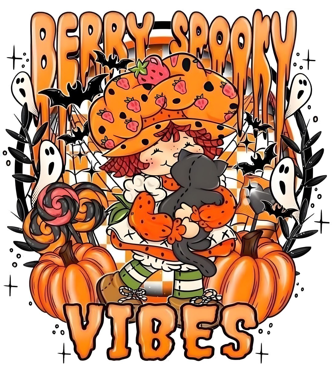 an image of a cartoon character surrounded by pumpkins and other halloween related items with the words berry spoony videos Strawberry Shortcake Halloween sandy brown