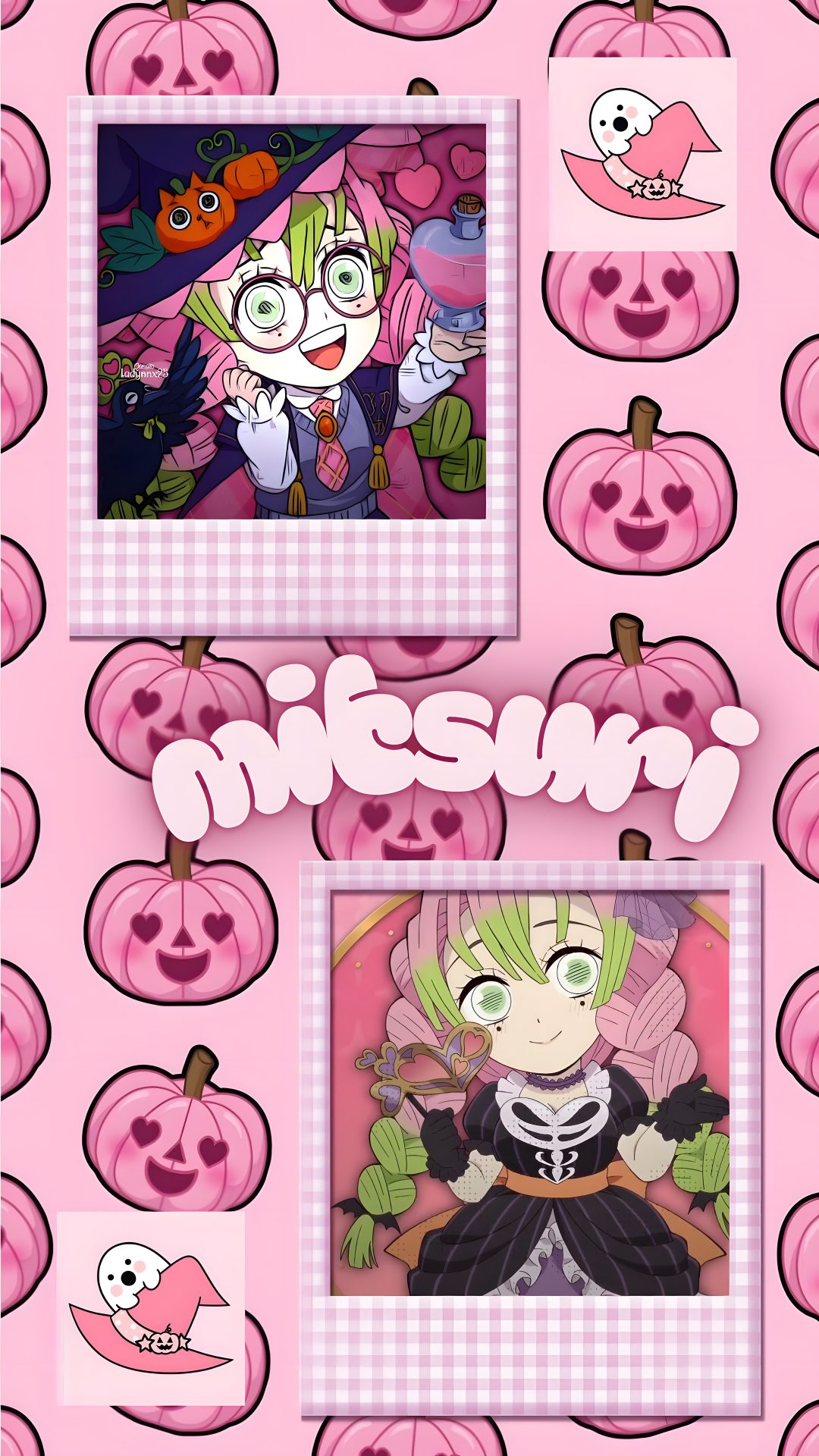 an anime poster with pumpkins on it and the words mesmr above them Mitsuri Halloween Anime, Tokyo, Halloween, light pink