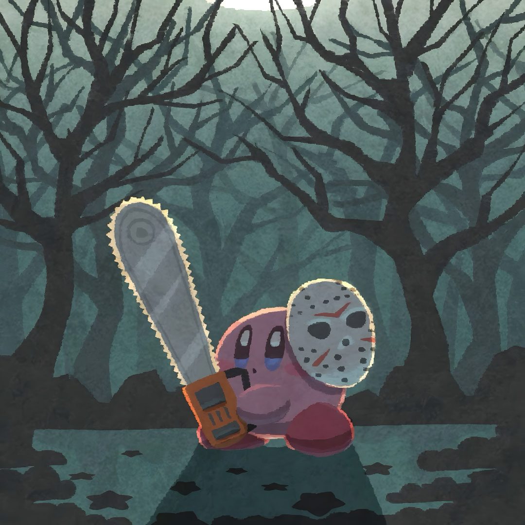 a drawing of a person with a chainsaw on their head in front of some trees Kirby Halloween Iphone dark slate gray